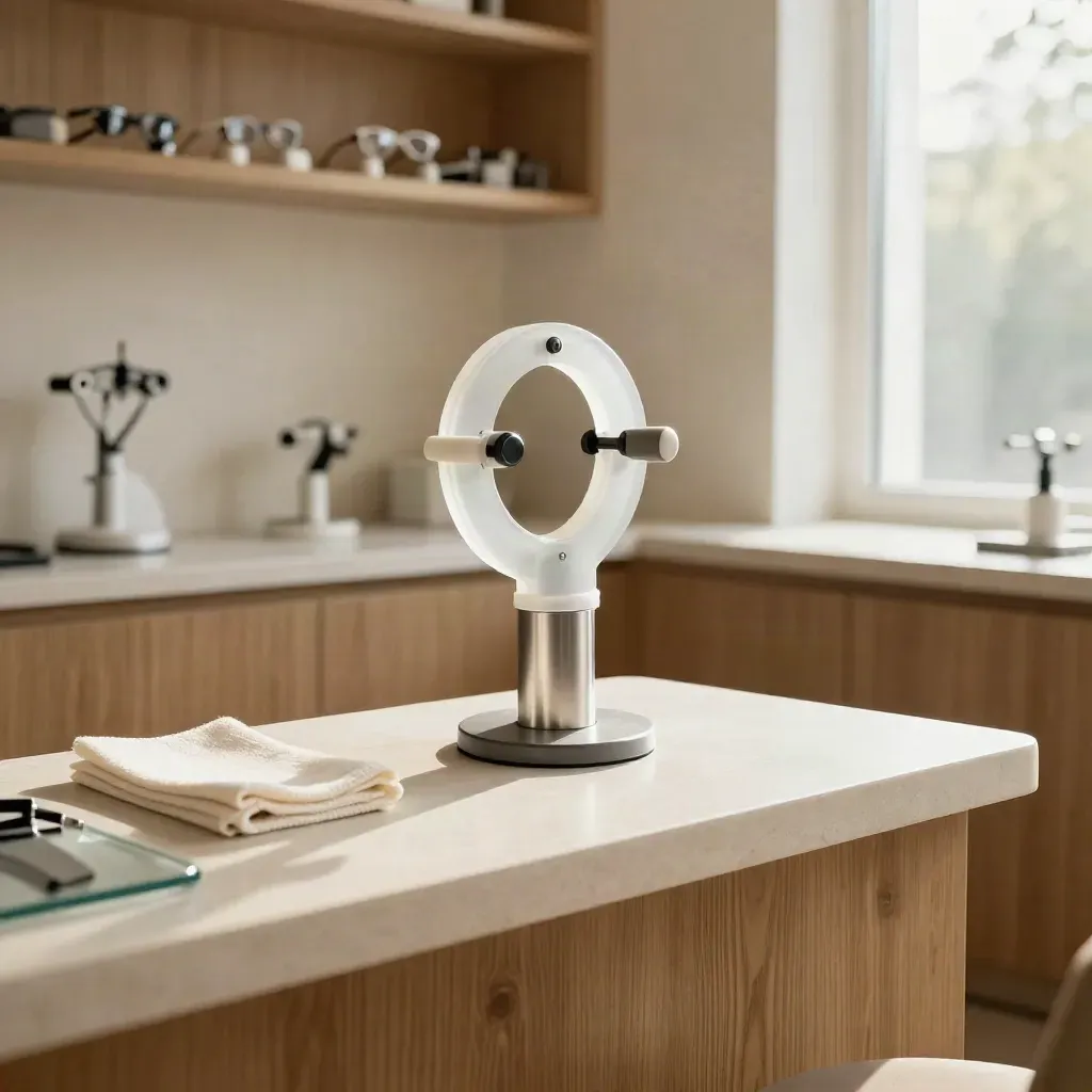 Optische meethoek met pasbril, proeflenshouder en kalibratiecirkel in warm daglicht.