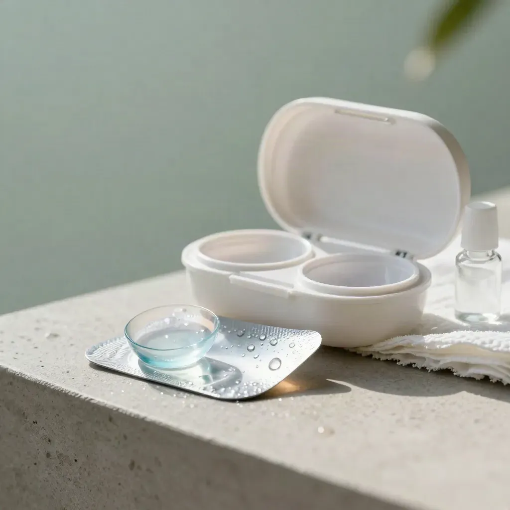 Contactlensproefsets, open lensdoosje en druppelfles op een lichte balie na regen.