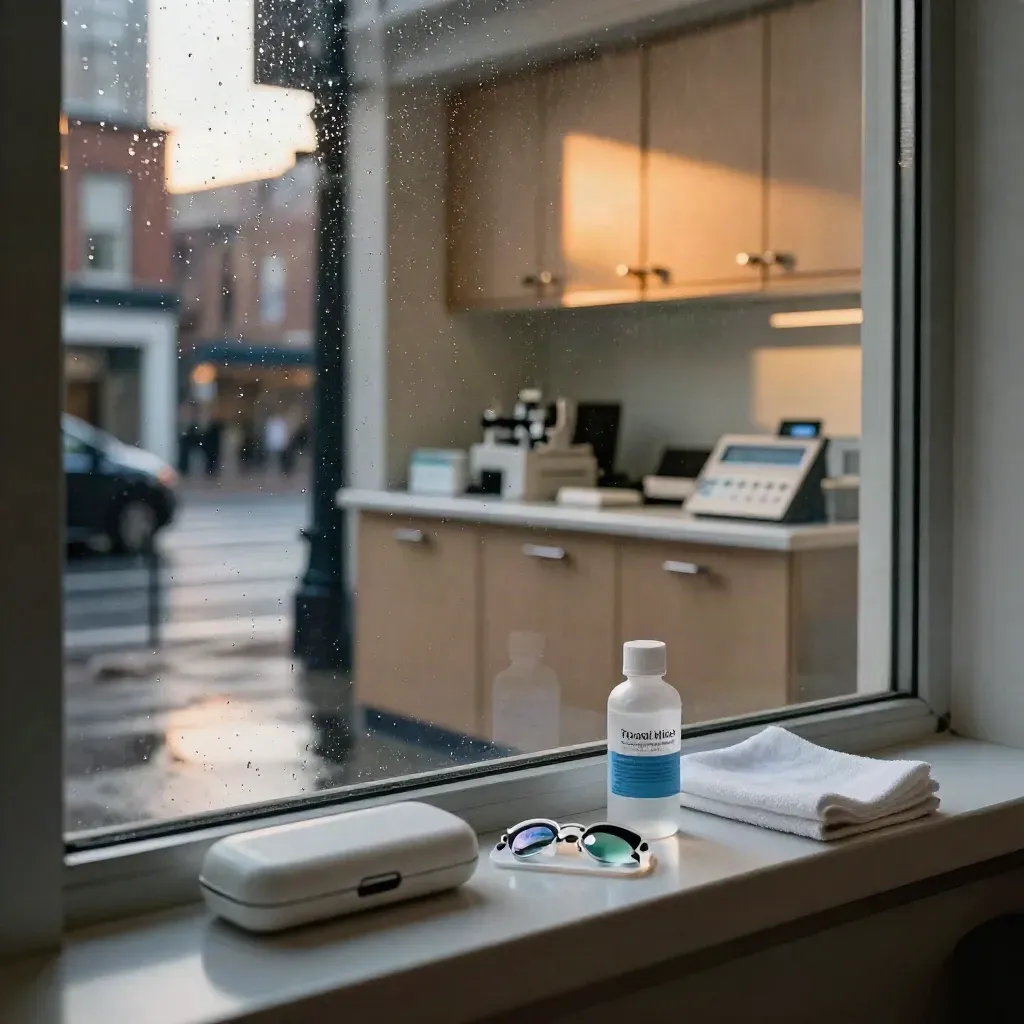 Avondvenster met regendruppels, scherpe straat en stille contactlenswerkplek