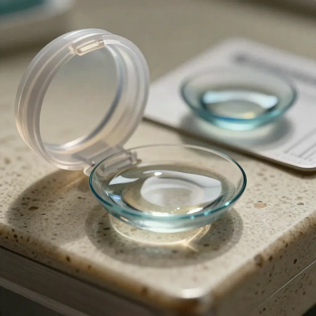 Multifocale contactlenzen in een halfopen doosje met glazen reflectieschaal.