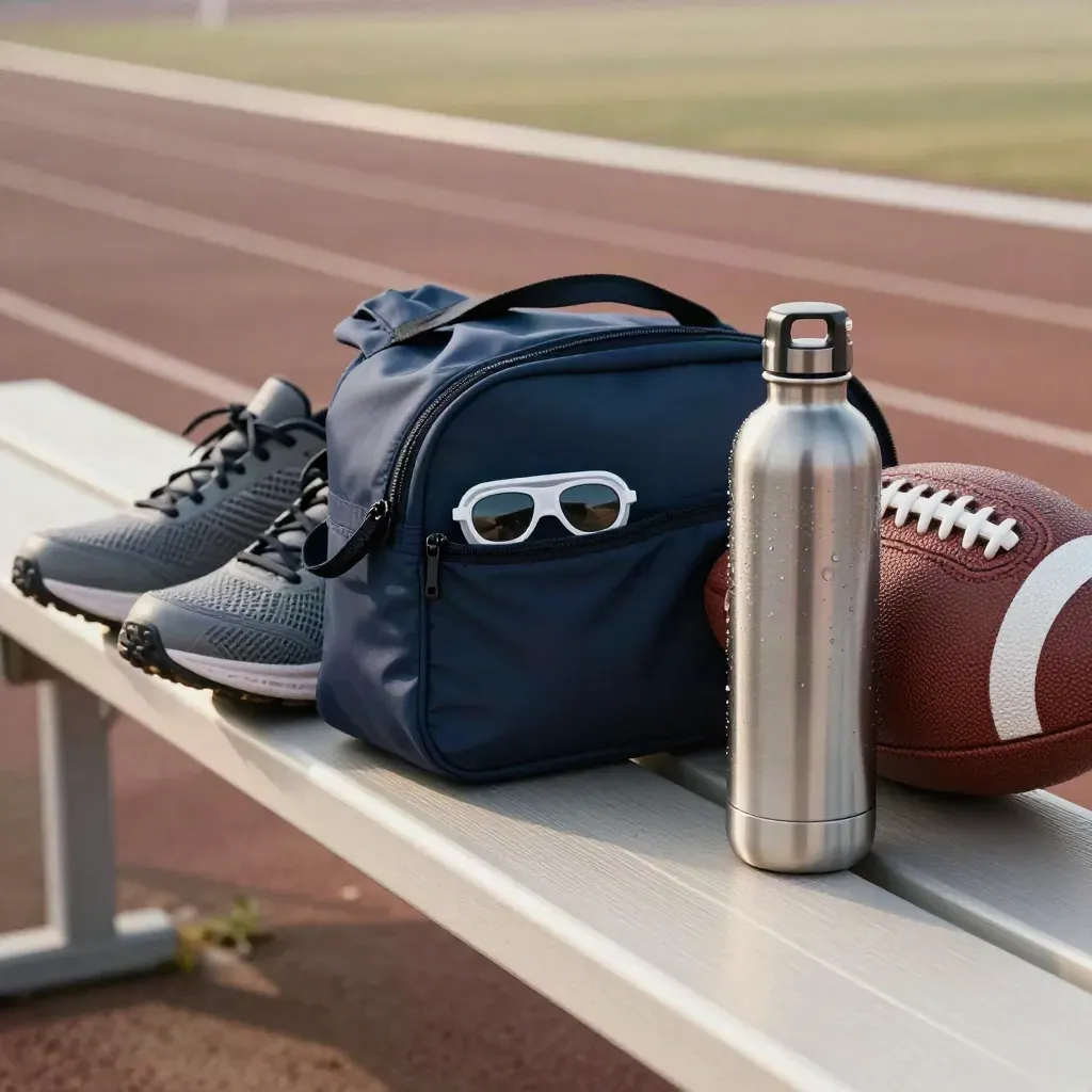 Sporttas met contactlenscase, hardloopschoenen, bal en waterfles op bankje bij mistige baan.