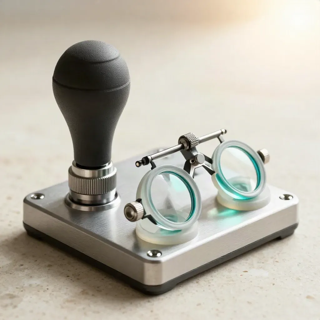 Macro van optometrische meetapparatuur met joystick, metalen basis en proeflensring op travertin.