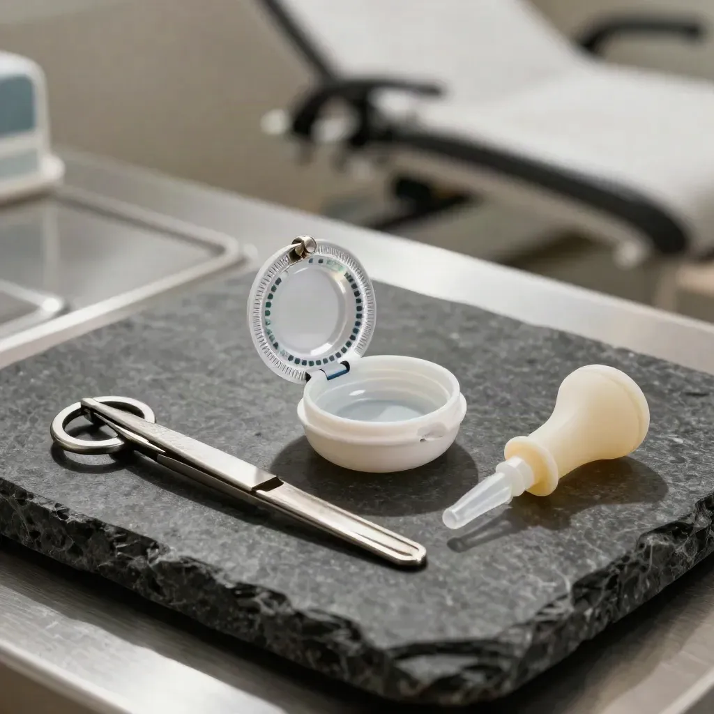 Toric proefblisters, lenshouder en precisietools op een donkere stenen plaat in dramatisch licht