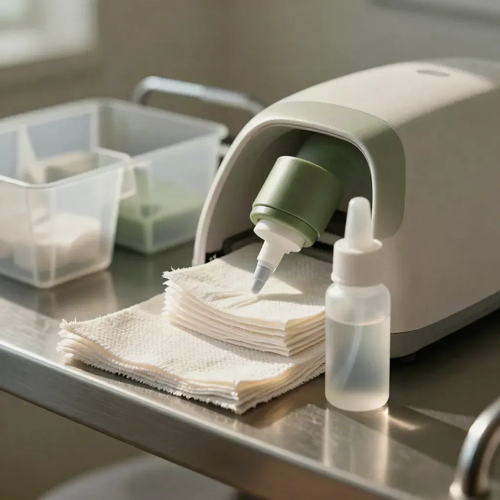 Schoonmaakstation voor contactlenzen met doeken, flesjes en bakjes in zachte klinische sfeer.