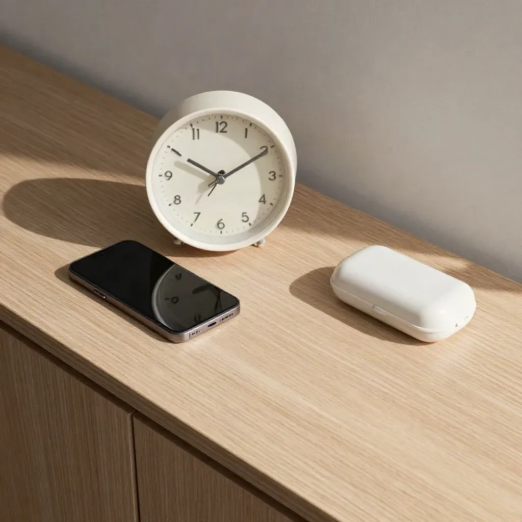 Klok, telefoon en lensdoos op een lichte houten console in rustige ochtendlicht.
