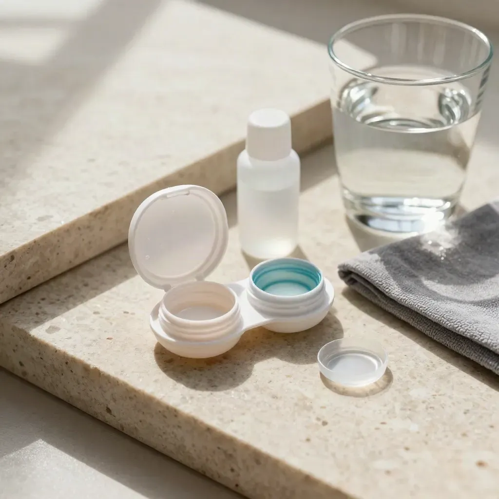 Contactlensset met reisdoosje, zoutoplossing en glas water op een lichte stenen plaat.