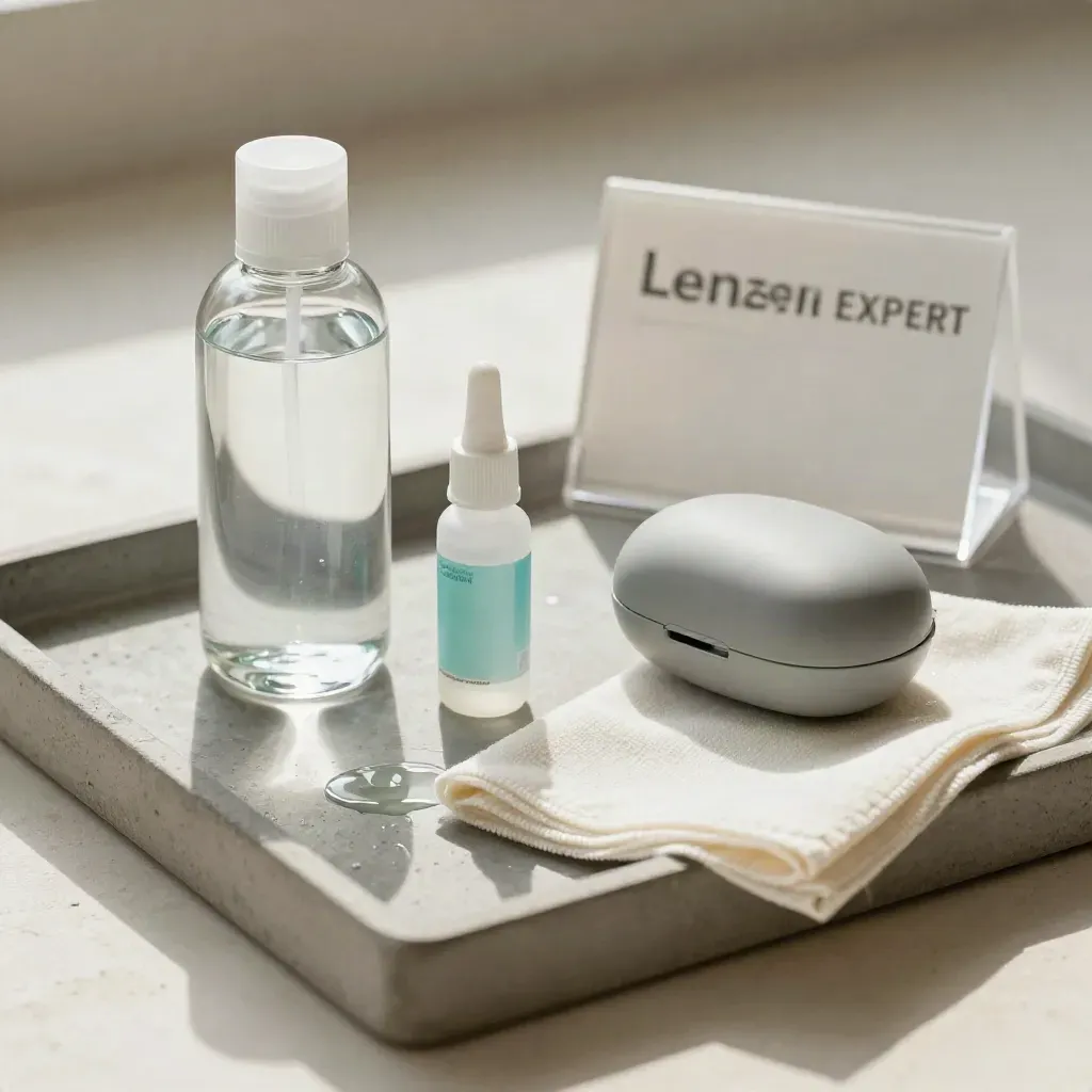Nazorgset met lensvloeistof, druppels, case en microvezeldoek op een stenen tray