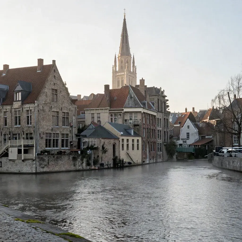 Domtoren boven mistige singelbocht en oude Utrechtse daken in zacht ochtendlicht
