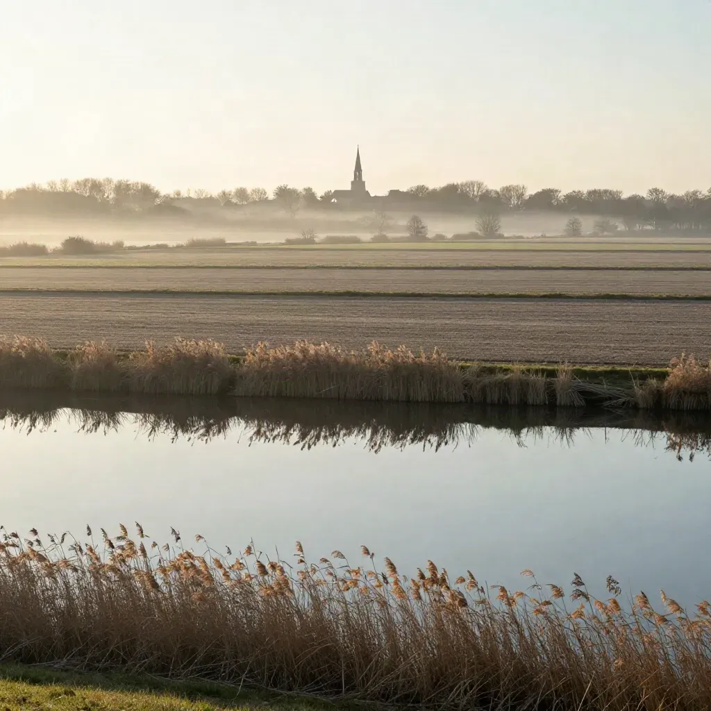 Mistig polderland met verre kerktoren en rustige waterlijn bij zonsopgang