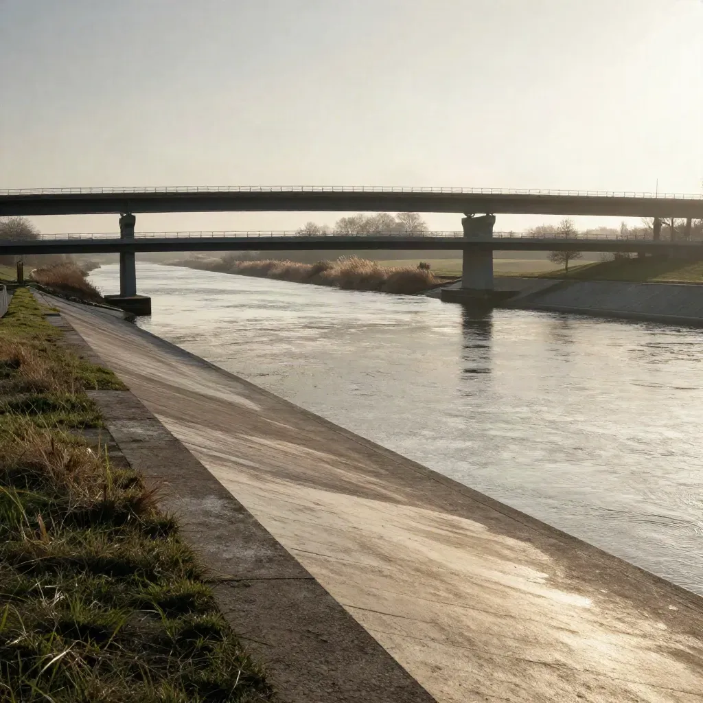 Bruggen en water bij Nieuwegein in zacht gouden avondlicht na motregen.