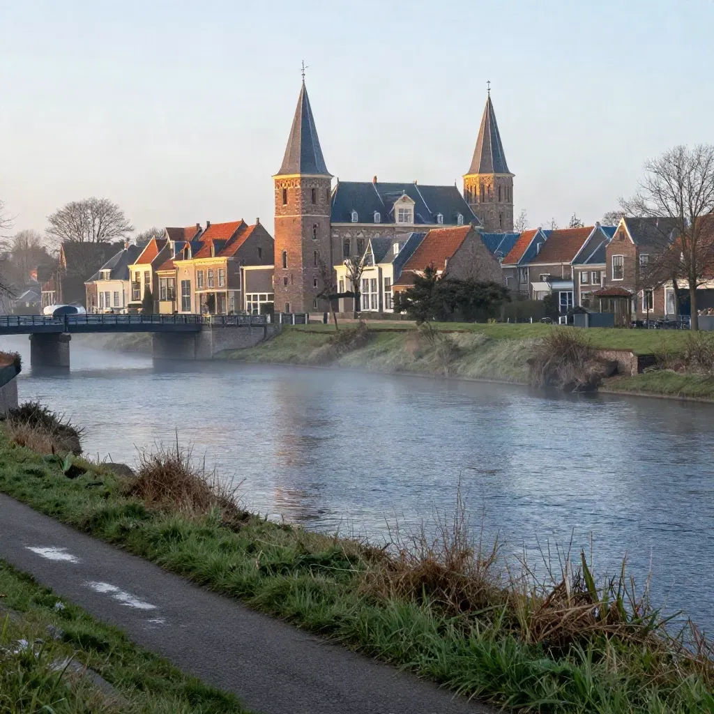 De Koppelpoort boven een mistige rivierkant met warm ochtendlicht bij Amersfoort.